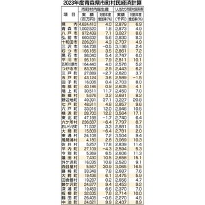 【青森県市町村民所得】六ケ所トップ７７９万円、上北地域高く　八戸は３０２万７千円で８位