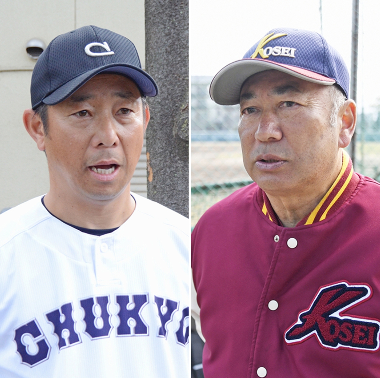 八学光星の印象などについて語る中京大中京の高橋源一郎監督=26日、兵庫県尼崎ベイコム球場(写真左)と、意気込みを語る八学光星の仲井宗基監督=26日、兵庫県西宮市の津門中央公園野球場