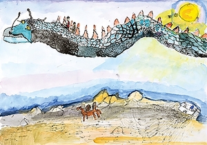 池田さん(城下小5年)優良賞 全国読書感想画コン 竜が空飛ぶ姿表現