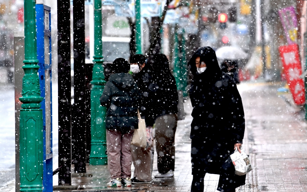 雪が舞う八戸市内＝２日午前１１時１０分ごろ、同市八日町