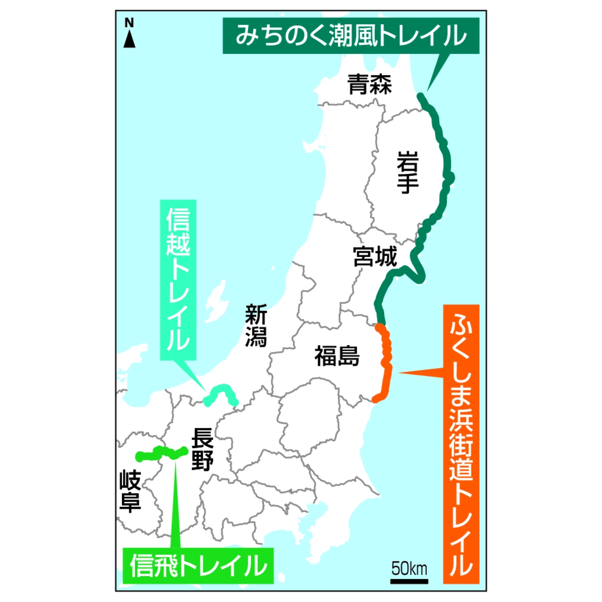 　信飛トレイル、信越トレイル、みちのく潮風トレイル、ふくしま浜街道トレイル