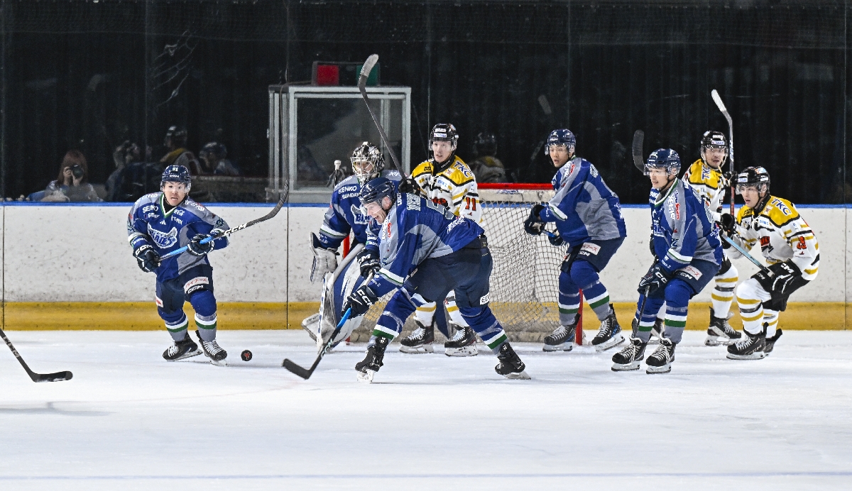 体を張った守備を見せる東北フリーブレイズの選手たち=2025年10月11日、フラット八戸