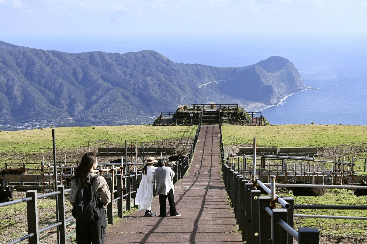 八丈富士の中腹にある牧場からの眺め=東京都八丈町