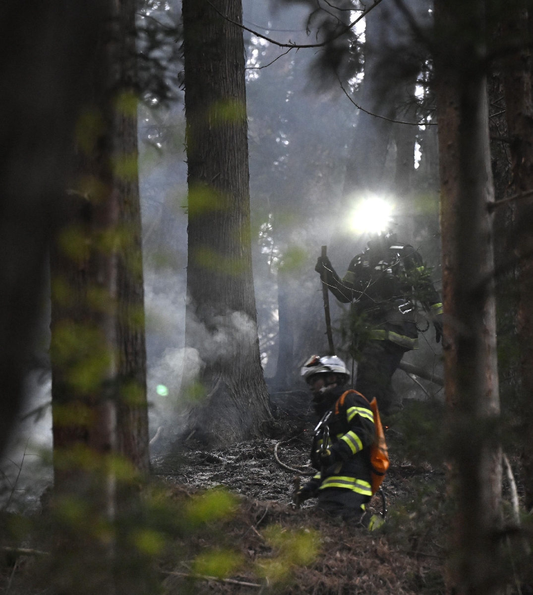 　消火活動が続く岩手県大槌町の山林＝２３日午後６時１分