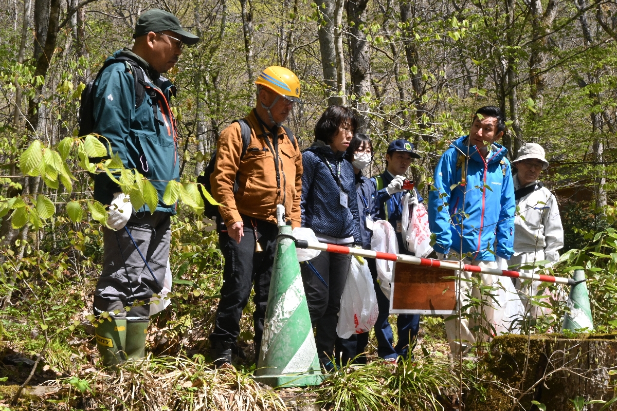 歩道を点検する関係者たち＝２４日、十和田市