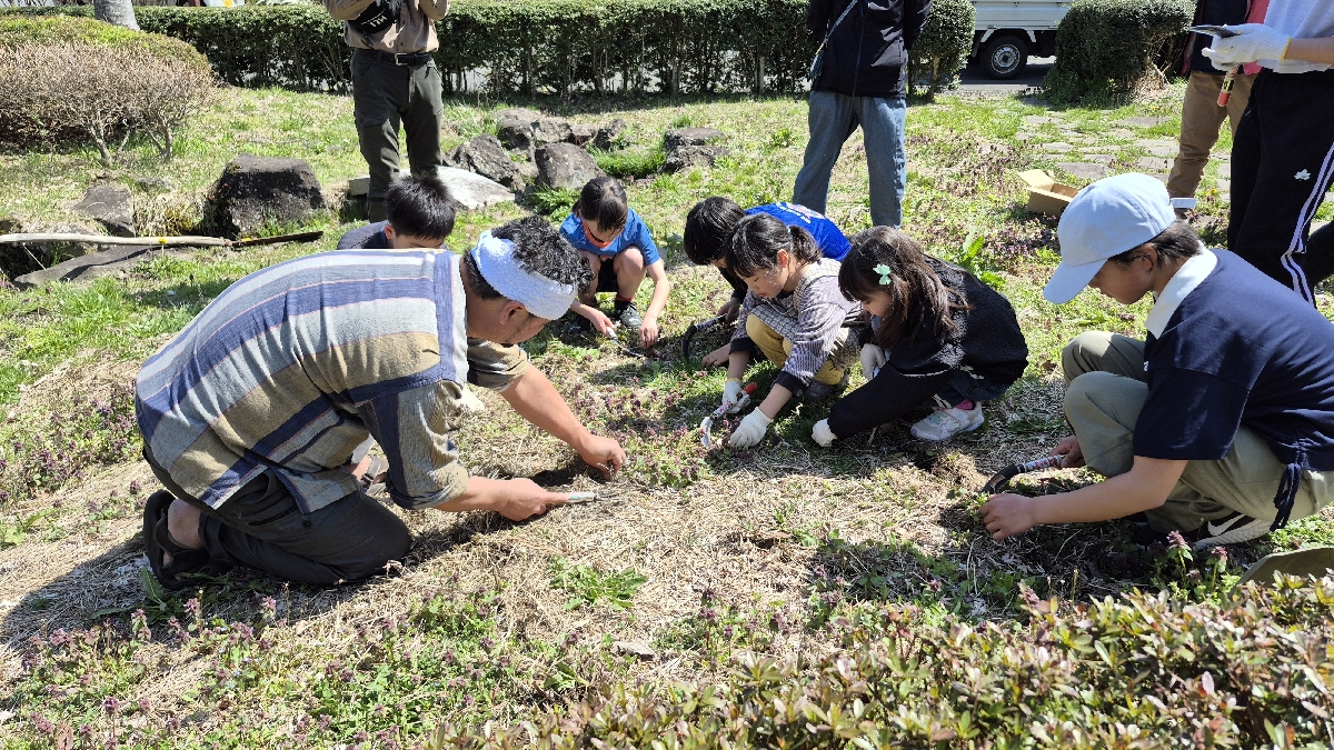 土を掘り起こして庭造りに取り組む参加者
