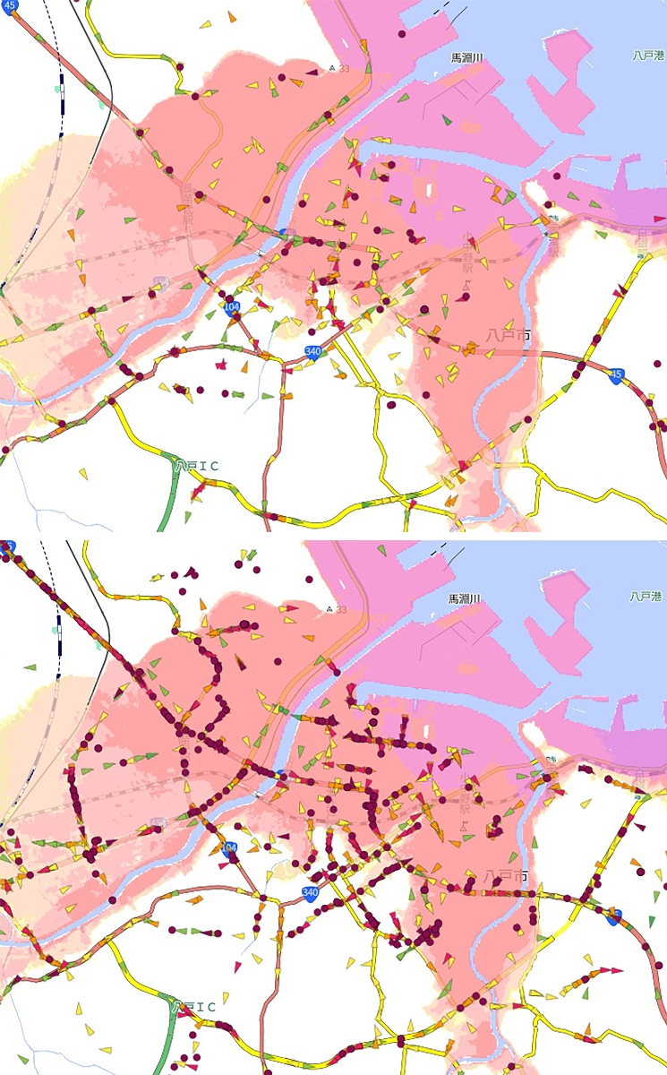 地震直前（上）と発生１時間後の八戸市の道路渋滞状況を示すデータ。各印はスマートフォンアプリの位置情報を表し、色が濃いほど移動速度が遅いことを示す。丸印は特に遅い。着色されたエリアは最大規模の浸水想定区域（出典：アグープ社、ハザードマップポータルサイト、地図は国土地理院）
