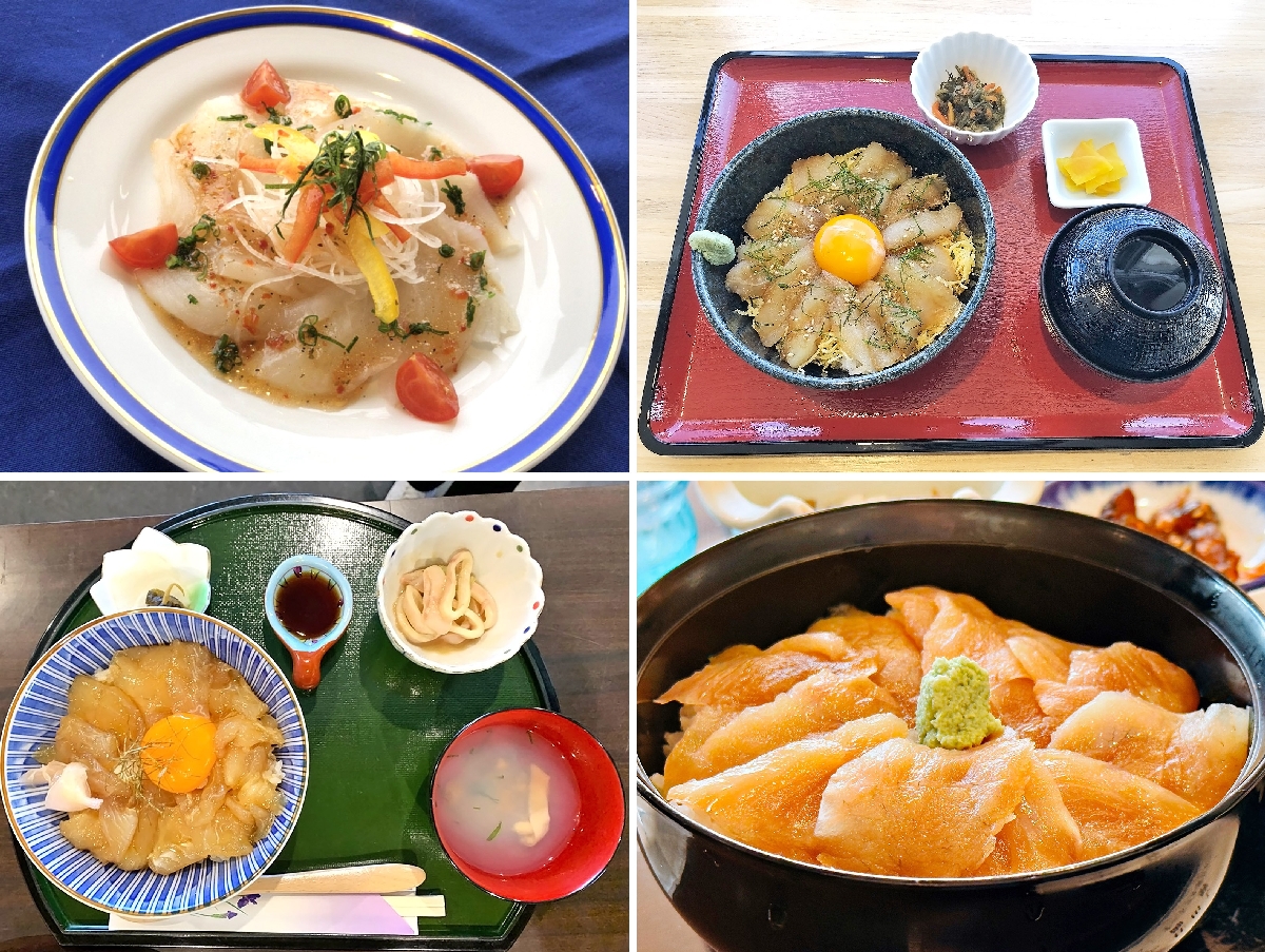 5月8日から階上町内の飲食店で提供される階上あぶらめのカルパッチョ(左上)と、3種類の漬け丼