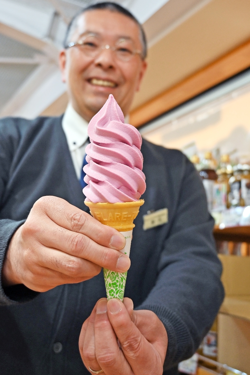 酸味と甘みのバランスが絶妙な「ぶどうソフトクリーム」。八戸市南郷地区で栽培されたワイン用ブドウを使用している