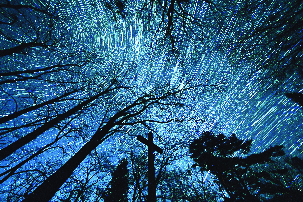 新郷村で撮影した星の動き。普段、私たちが夜空を指差して「星」と呼んでいるものはほぼ全てが恒星で、今夜も静かに輝いている=2021年11月撮影