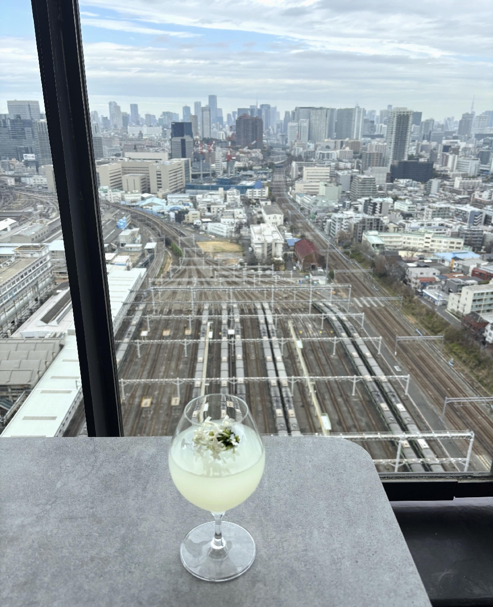 「ホテルメトロポリタン 大井町トラックス」26階のルーフトップバーからのぞむ山手線の車両基地「東京総合車両センター」=東京都品川区