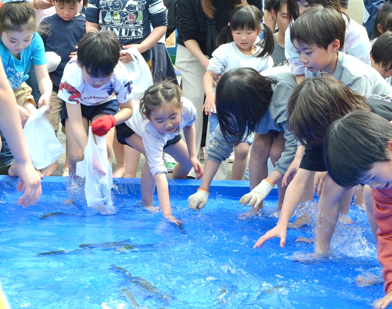 ニジマスのつかみ取りを楽しむ子どもたち