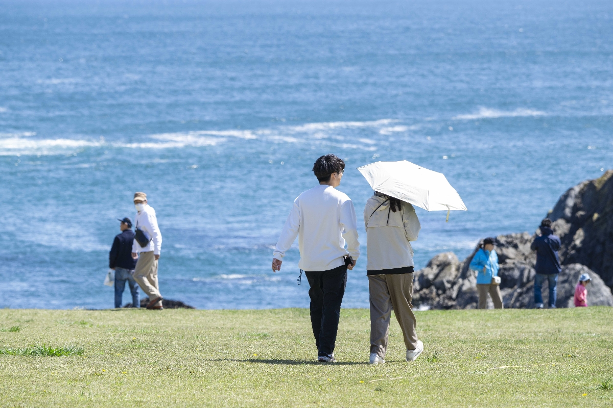 行楽客や地元市民らでにぎわう種差海岸天然芝生地＝５日、八戸市