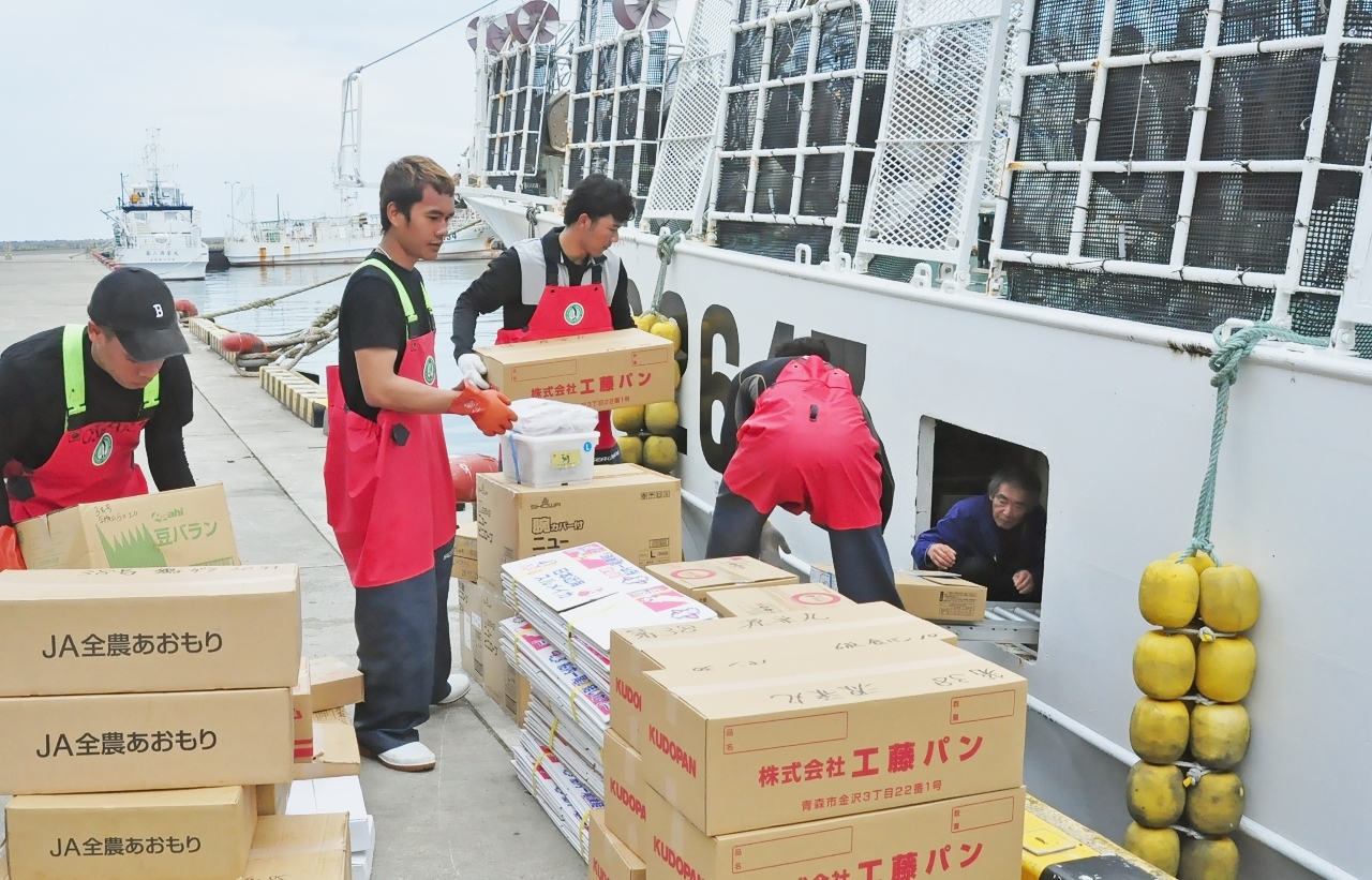 中型イカ釣り船に資材や食料を積み込むインドネシアの技能実習生ら。外国人材は船に欠かせない存在だ=2025年7月、八戸港