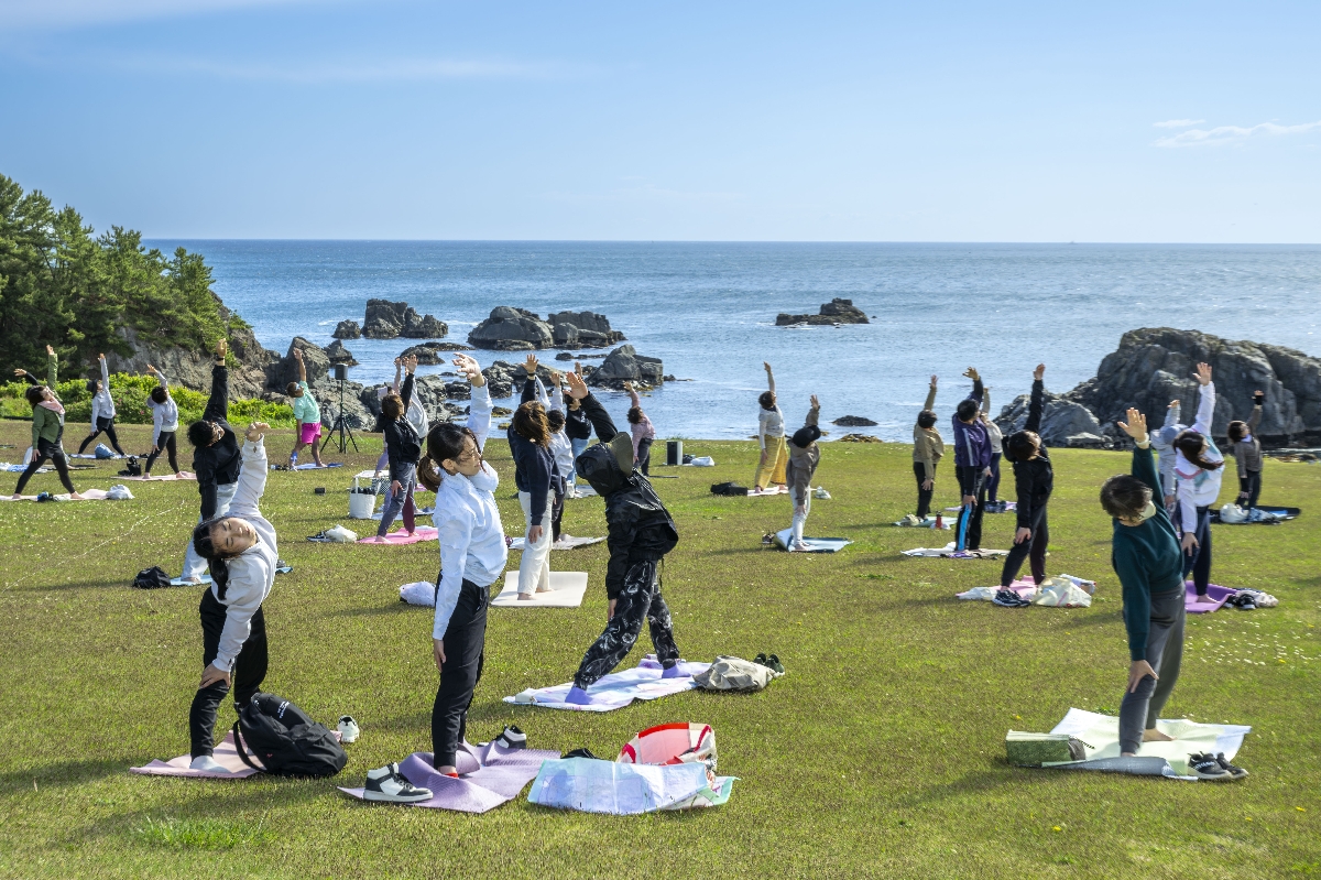 種差天然芝生地で朝ヨガを楽しむ参加者
