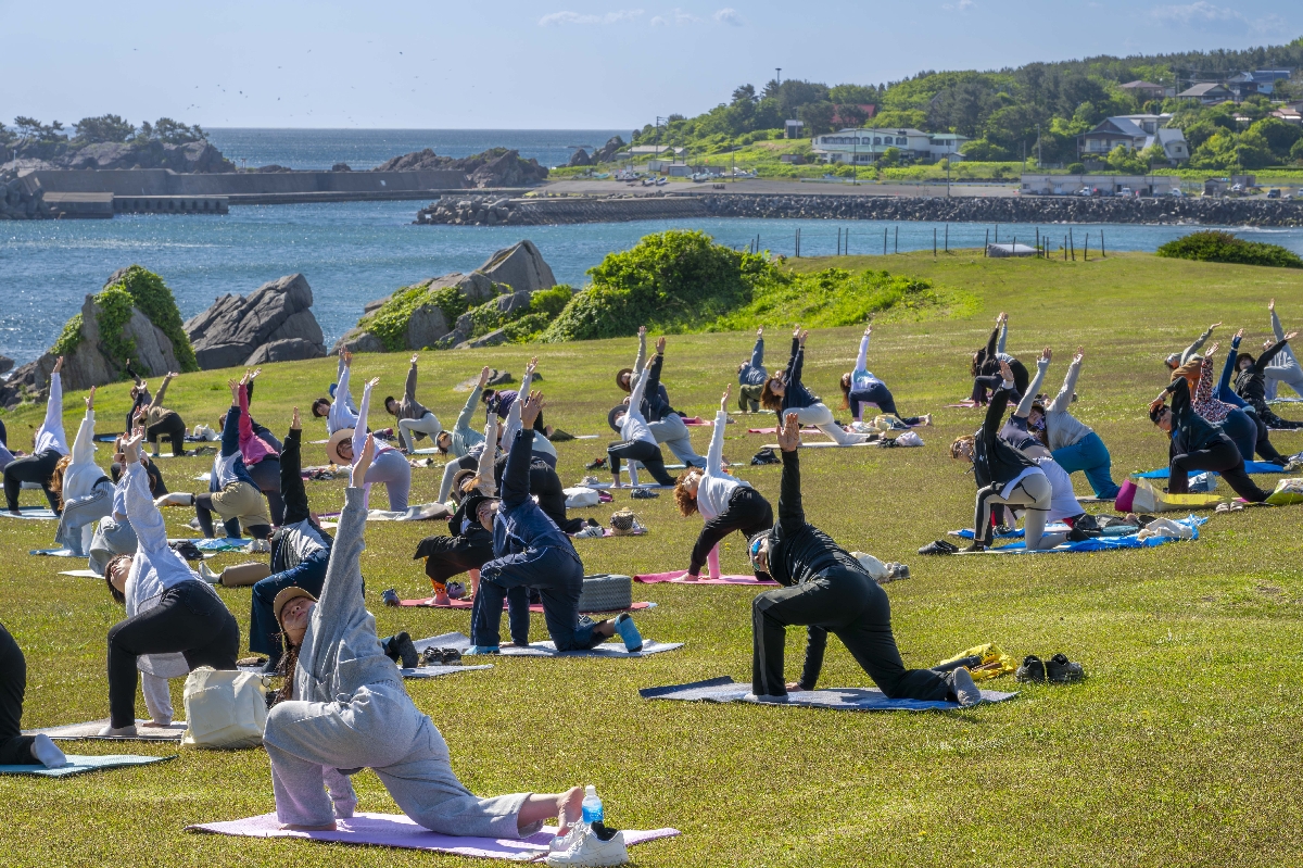 種差天然芝生地で朝ヨガを楽しむ参加者