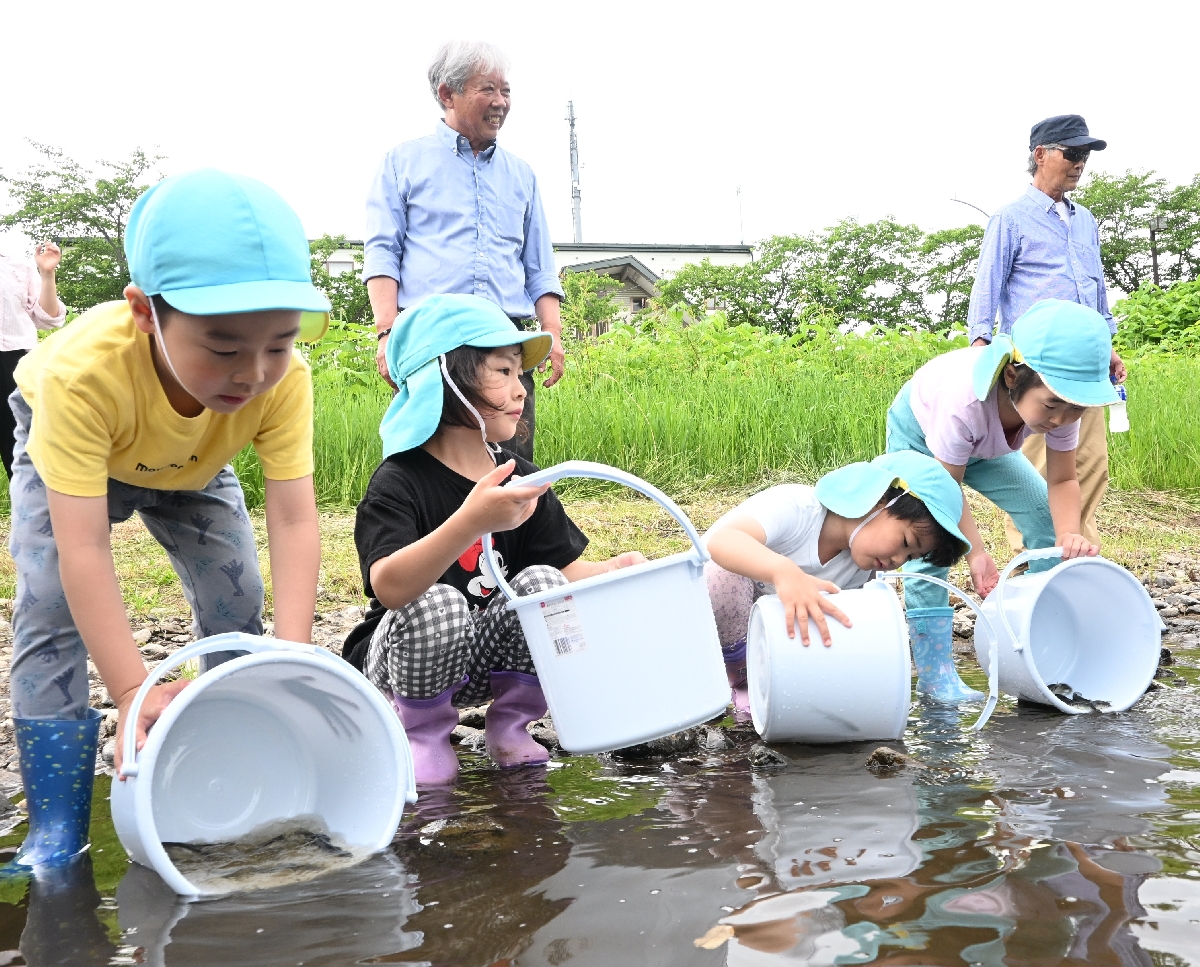 熊原川に優しく稚魚を放流する園児