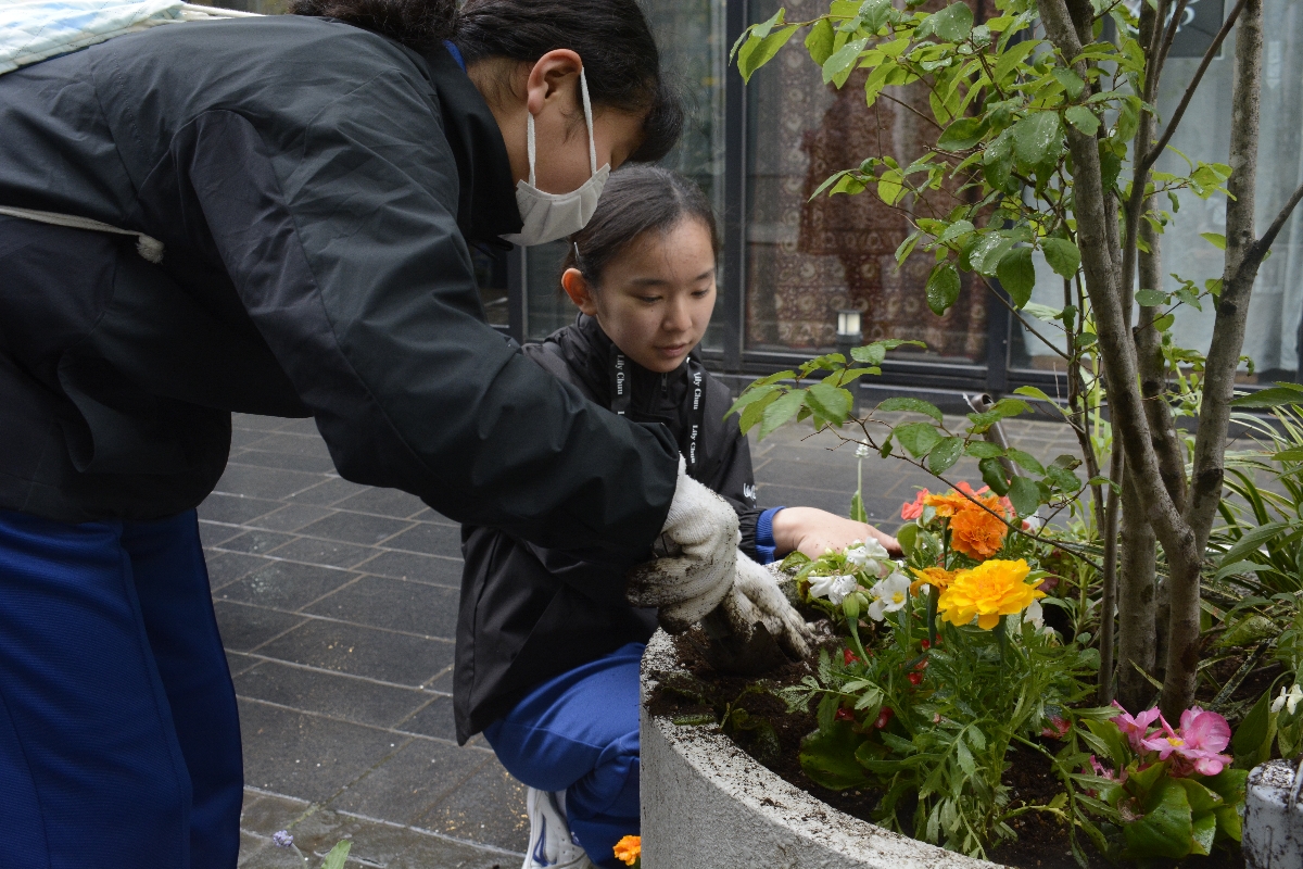 花小路のフラワーポットに花を植える子どもたち