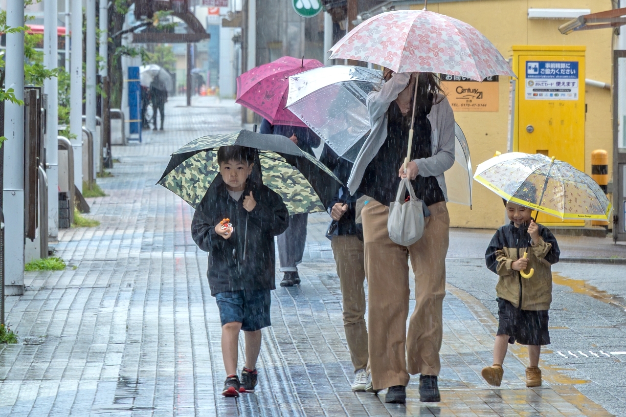 断続して降り続く雨の中、傘を差して歩く市民=21日、八戸市三日町