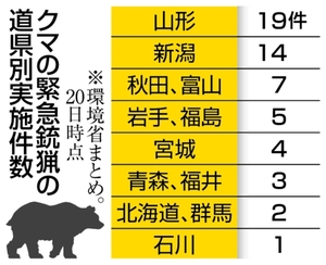 緊急銃猟、12道県で72件 市街地クマ対策、東北6割