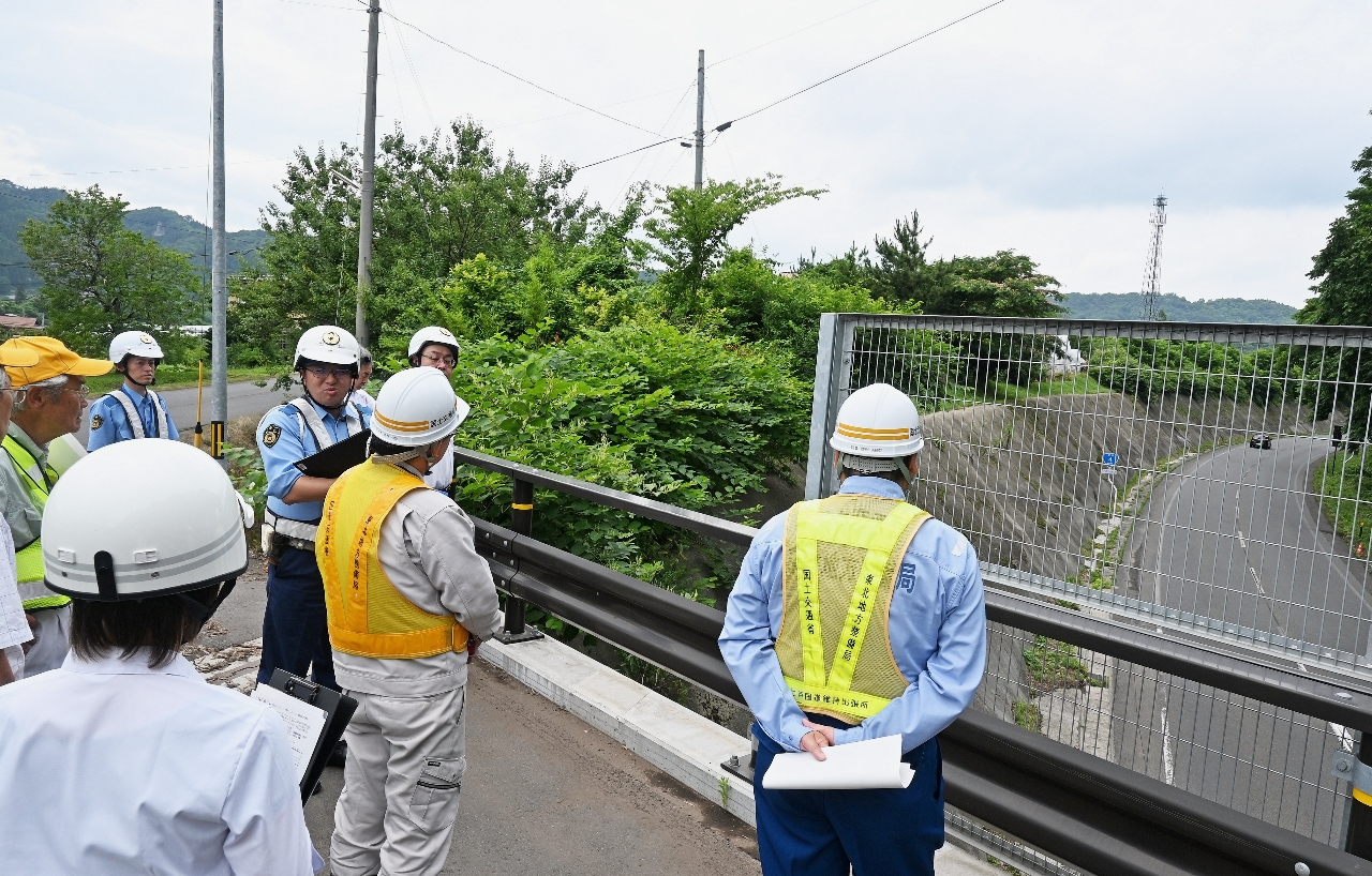 橋の上から事故現場を確認する参加者