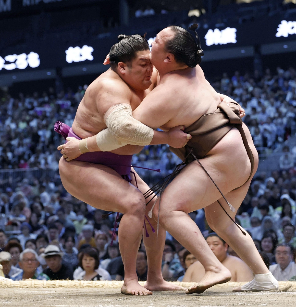 　千代翔馬（右）を攻める尊富士。寄り切りで破る＝ＩＧアリーナ