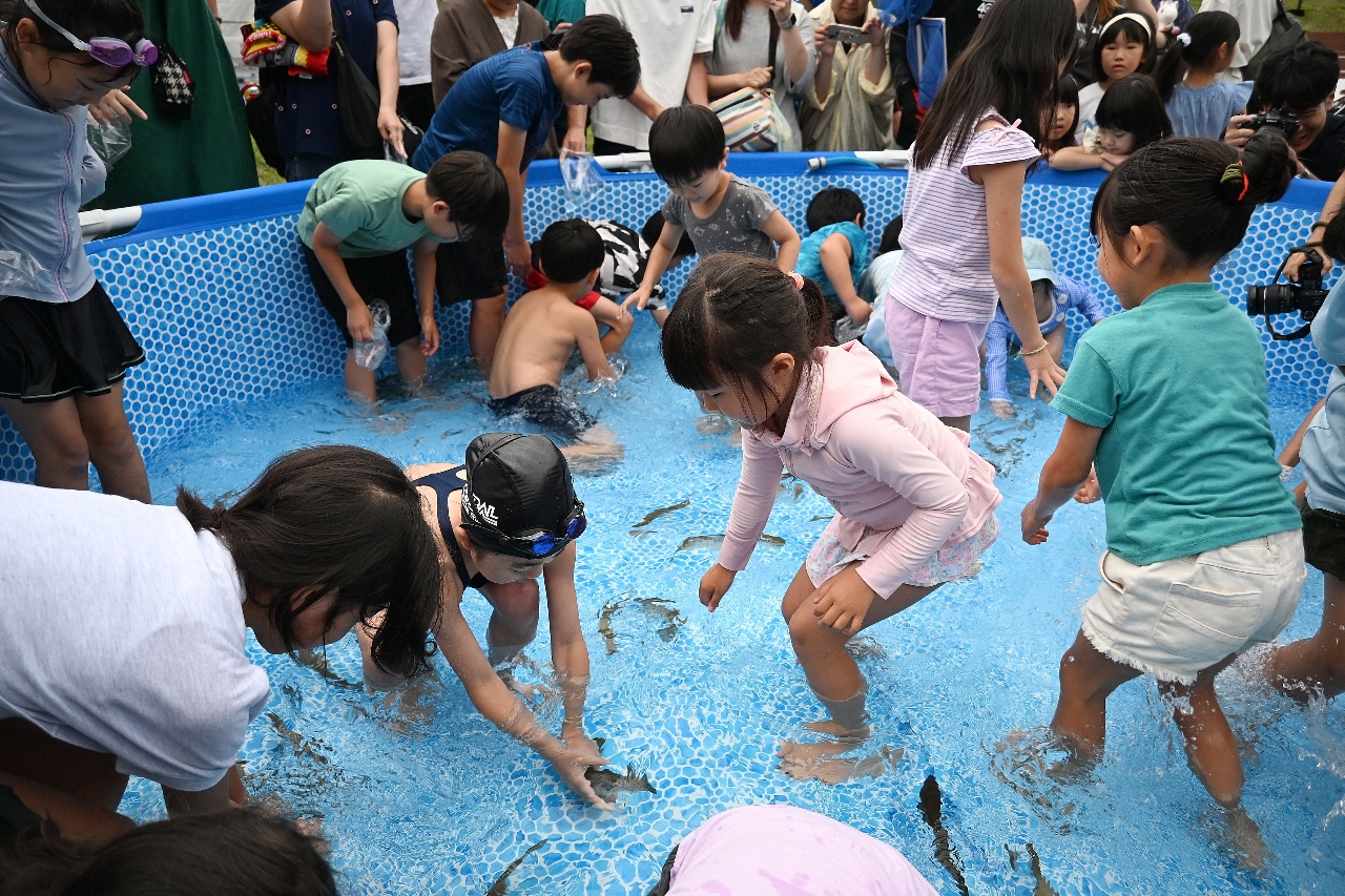 大はしゃぎでニジマスつかみに挑戦する子ども