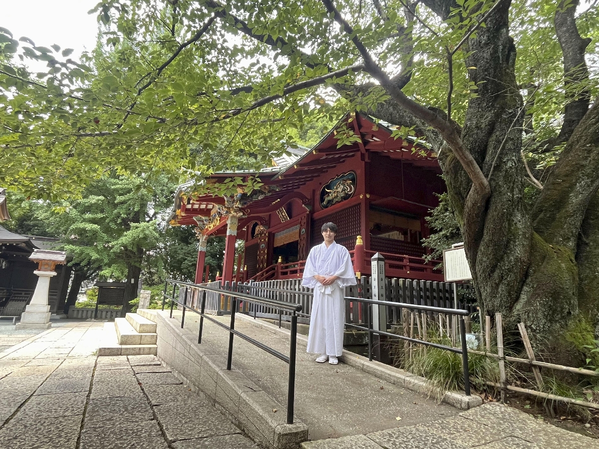 　金王八幡宮の社殿と金王桜（右）＝東京都渋谷区