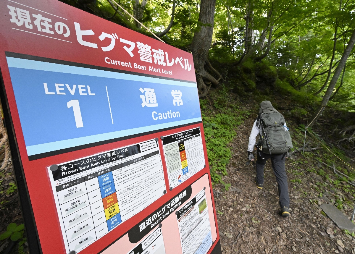 羅臼岳に新設されたヒグマの警戒レベルを知らせる掲示=7月、北海道斜里町