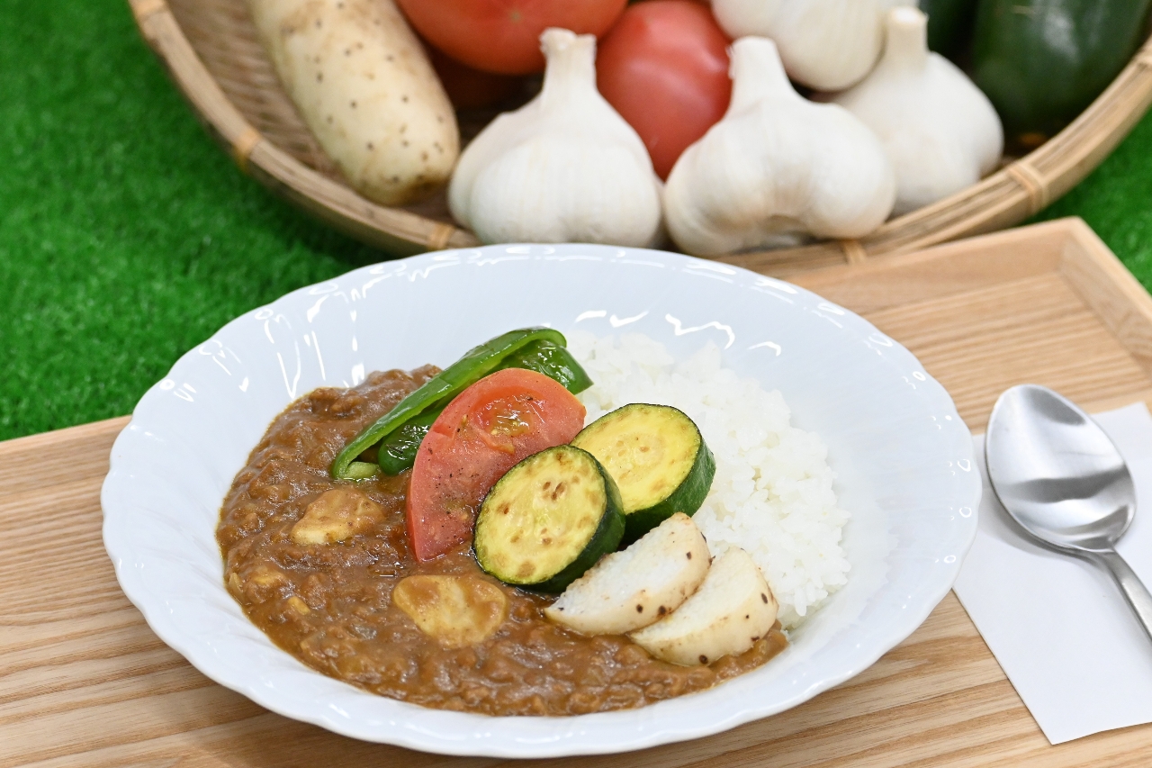 青森県産の夏野菜などをふんだんに使ったキーマカレー＝１９日、県庁
