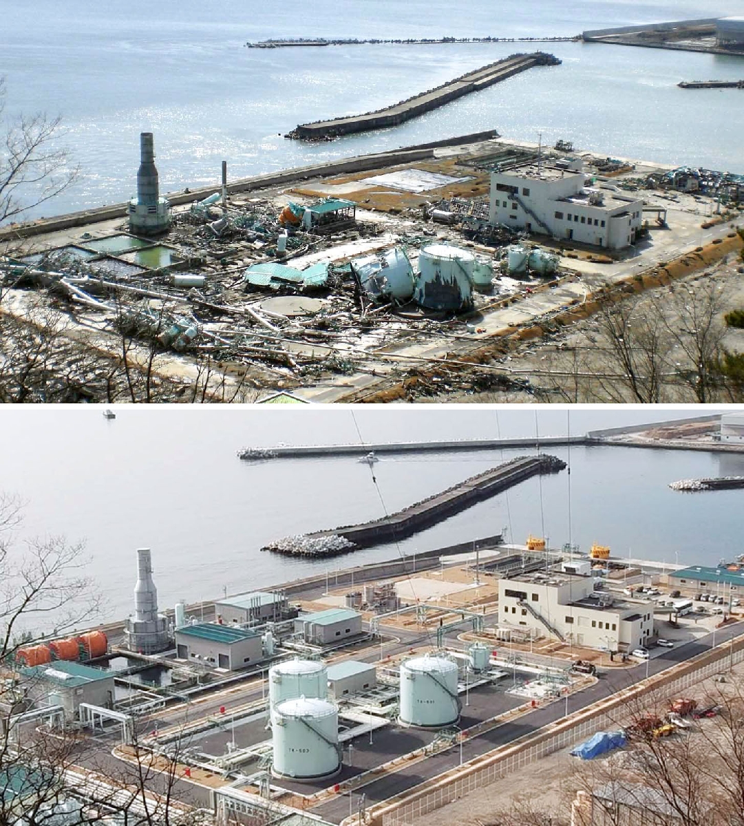 2011年3月の東日本大震災時(上)と2013年3月の地上設備復旧時の久慈国家石油備蓄基地=岩手県久慈市(JOGMEC提供)