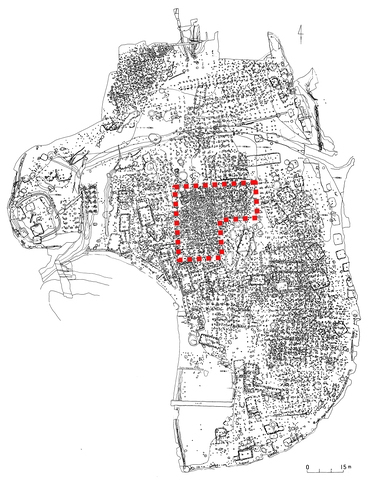 根城跡本丸の発掘調査成果を記録した平面図。色付け箇所が主殿を構成する柱穴群。数回にわたり建替えがされた。この膨大な情報量を基に史跡整備が検討された。根城は新しく造りなおす「復元」ではなく、本来の姿に戻す「復原」にこだわった