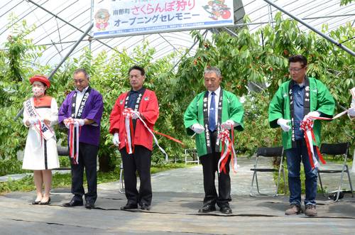 来園者が安心して楽しめるサクランボ狩りに向けて決意を新たにする関係者ら=18日、南部町