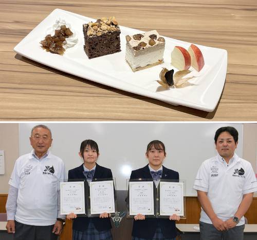 10月1日から提供開始となる新メニュー「黒にんにくコラボスイーツ」=一心亭提供=(写真上)と、考案メニューが「一心亭」のデザートに採用された、井上凛舞さん(左から2人目)と上田美波さん(同3人目)