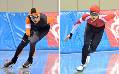 【男子5000メートル】7分58秒31で39位だった久保悠(根城)=左=と、7分56秒95で37位だった齊藤壮希(長者)=長野市エムウェーブ