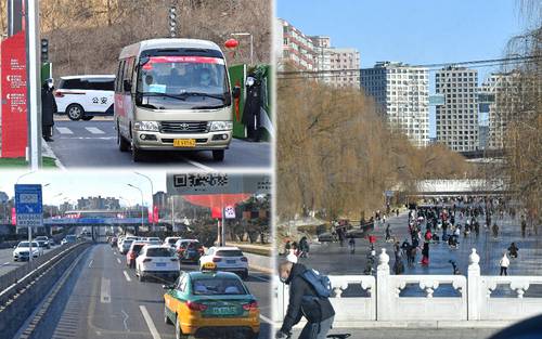 冬季五輪が開催されている北京市内のいま(写真はコラージュ。左上から時計回りに塀に覆われた宿泊先敷地内に入るシャトルバス、結氷した北京市内の川でスケート遊びに興じる市民、五輪関係車両専用レーンが設けられた道路)