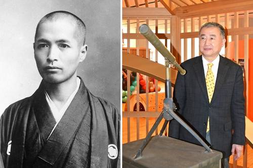 前原寅吉(写真左・前原俊彦さん提供)フランスのバルドー製であることが分かった望遠鏡と前原寅吉のひ孫の俊彦さん(写真右)