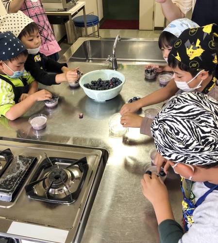 牛乳寒天にブルーベリーを飾り付ける子どもたち