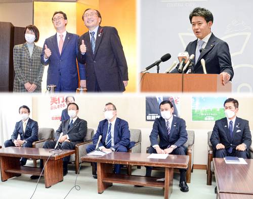 青森県知事選を巡り、自民党県連の候補者選びは複雑化している=左上から時計回りに、蜜月の関係を築く小野寺晃彦氏(中央)と三村申吾氏(右)、いち早く名乗りを上げた宮下宗一郎氏、独自候補の擁立に動く県連(写真はコラージュ)