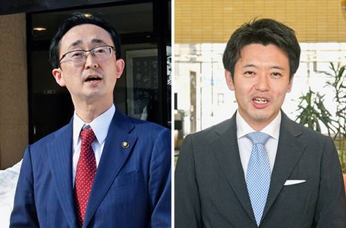 自民県連が推薦候補とする方針を固めたことに謝意を示す小野寺晃彦氏=11日、青森市内(写真左)と、知事選出馬の「気持ちが揺らぐことはない」と強調する宮下宗一郎氏=11日、むつ市