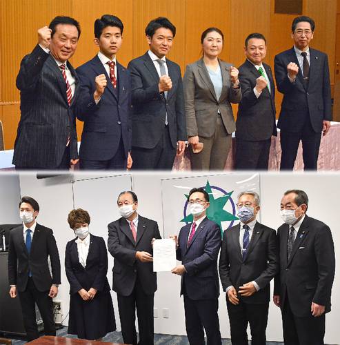 青森県知事選の支援候補を巡り、青森市議会が二つに割れている。上は宮下宗一郎氏の支援組織。下は小野寺晃彦氏に出馬を要請した市議団