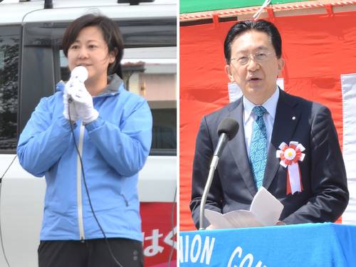 各地での遊説に力を入れる千葉絢子氏(左)と、意欲的に公務・政務をこなす達増拓也氏。2氏とも精力的に大型連休中の岩手県内を歩き回る