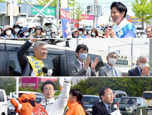 目指すリーダー像について演説に力を込める宮下宗一郎候補=25日、青森市(写真上)、非自民票の取り込みに意欲を示す横垣成年候補=18日、青森市(写真中)、街頭で三村申吾知事と並ぶ小野寺晃彦候補(左)=20日、おいらせ町(写真下)