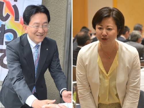 岩手県知事選告示まで2カ月を切り、支持拡大へ奔走する千葉絢子氏(右)と達増拓也氏=盛岡市