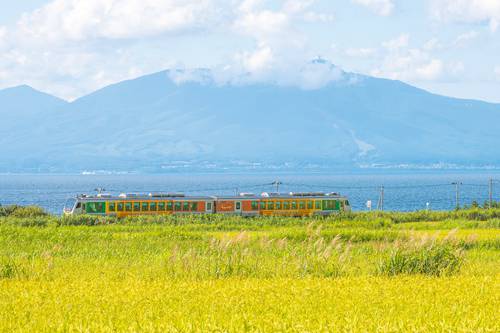 陸奥湾沿いを走る「リゾートあすなろ」=20日午後2時50分ごろ、横浜町