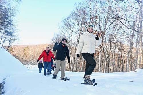 青天の下、スノーシューを着用して冬のシラカバ林を歩く参加者=23日、久慈市山形町