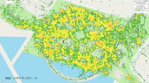 6月22日から28日の午後2時台の人流データを可視化したヒートマップ(来場者の密集度が高い順に赤・黄・緑で表示)