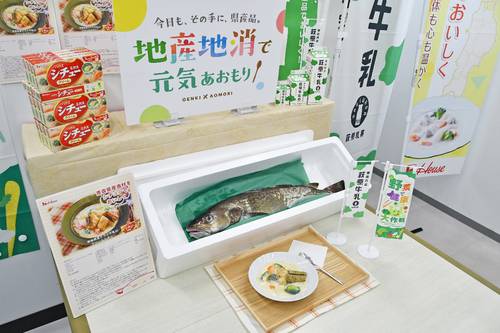 青森県産のマダラやゴボウ、牛乳を使ったクリームシチュー=8日、県庁