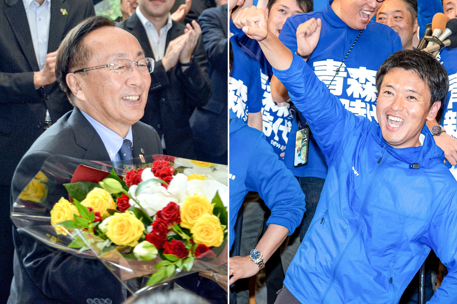 5期20年にわたって青森県知事を務めた三村申吾氏(左)と、新たに知事についた宮下宗一郎氏。県政界は新たな時代を迎えた