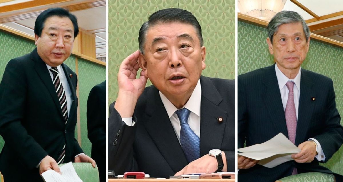 天皇陛下の退位を巡り、各党派の意見聴取に臨んだ自民党の高村正彦副総裁(右)、大島理森衆院議長(中央)、民進党の野田佳彦幹事長。与野党の主張は平行線をたどっていた=2017年2月20日、衆院議長公邸
